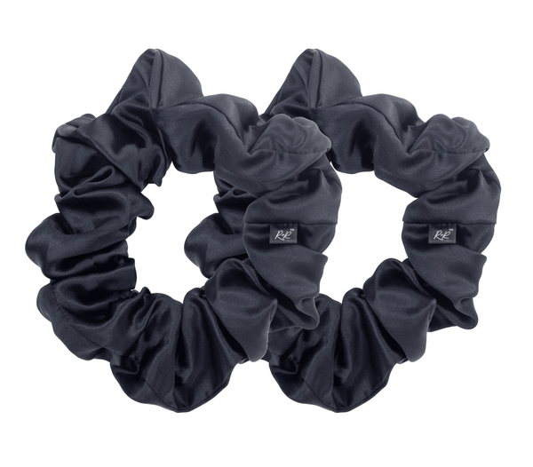 Mulberry silk black hair scrunchie set. The r and r collective.