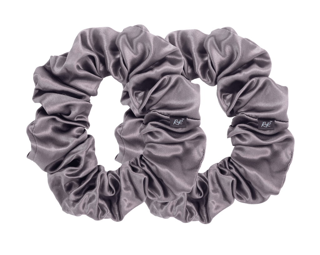 Set of grey mulberry silk hair scrunchies. The r and r collective.