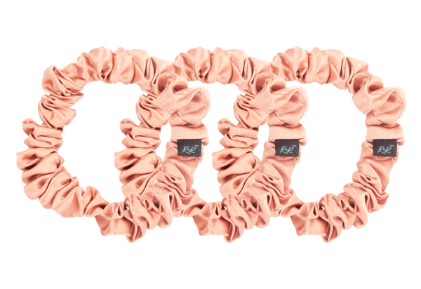 Rose gold mulberry silk hair scrunchie set. The r and r collective.