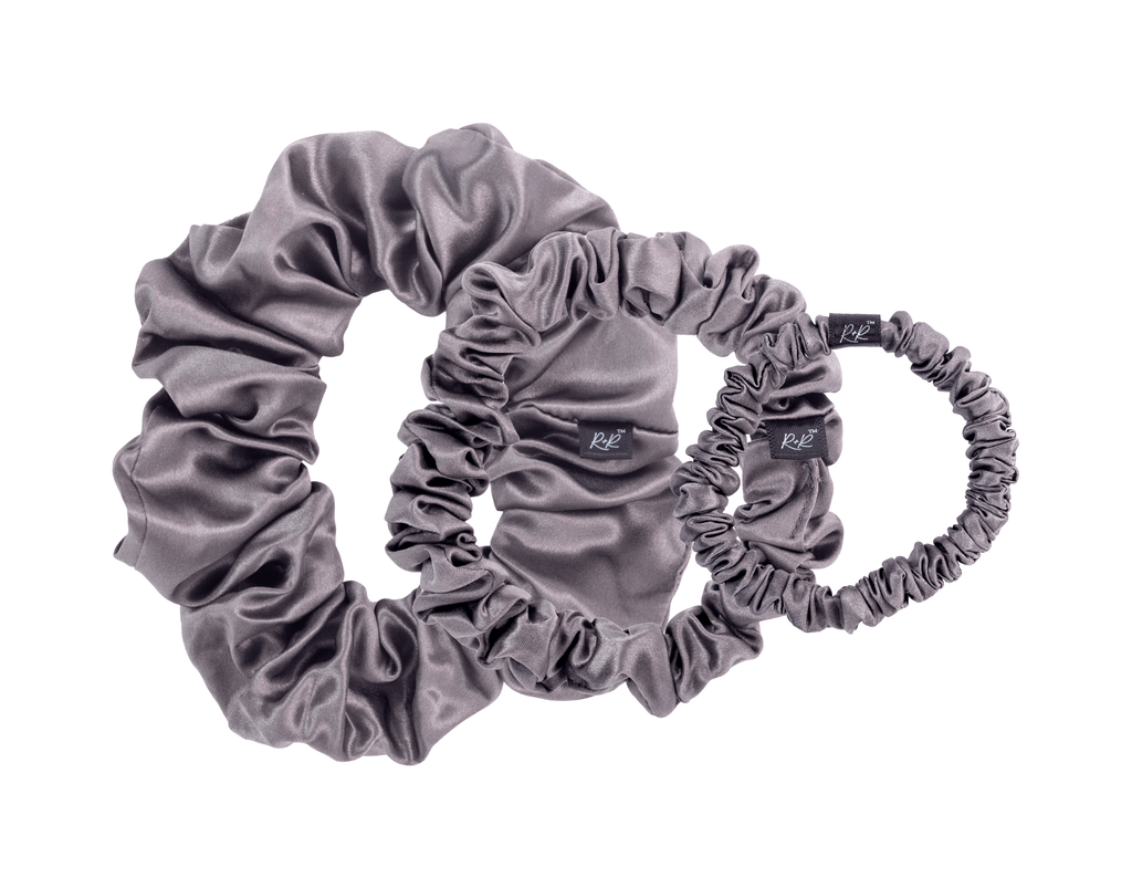Mulberry silk, grey hair scrunchie set. Mixed size's, large, medium, small. The r and r collective.