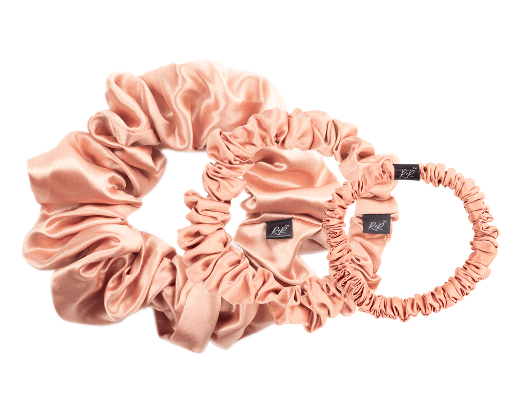 Rose gold silk hair scrunchie set. Mixed size's, large, medium, small. The r and r collective.