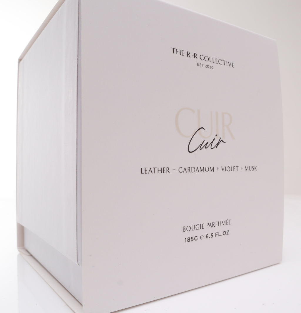 Cuir scent. Luxury candle packaging. The r and r collective.